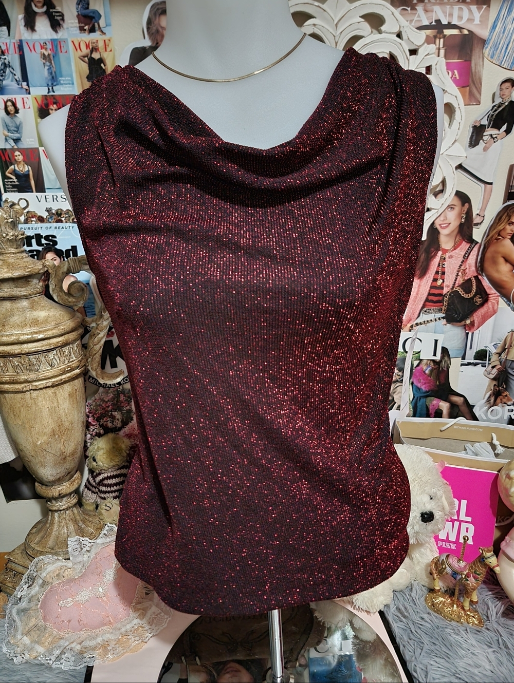 NWT Alex Evenings Metallic Red Wine Cowl Neck Sleeveless Top